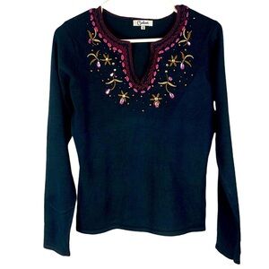 Carducci popover swtr embellished split neckline lng sleeves blk/brwn/pink Sz S